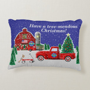 Little Red Truck Christmas Tree Farm and Barn Accent Pillow
