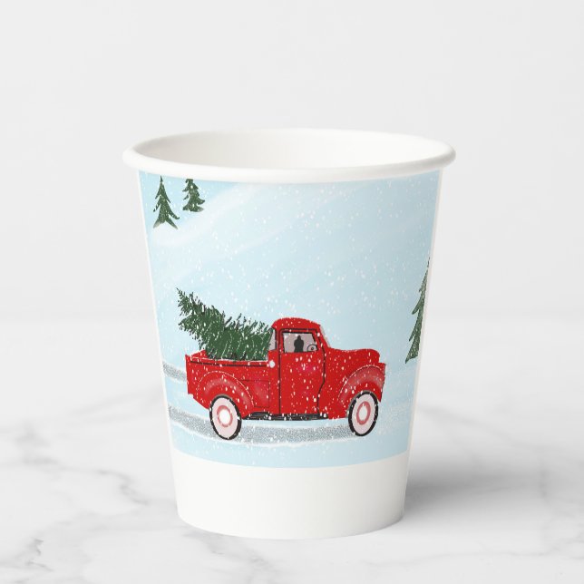 Little Red Truck With Christmas Tree in the Snow T Paper Cups (Front)