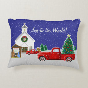 Little Red Truck with Country Church Accent Pillow
