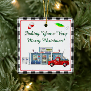 Little Red Truck with Fishing Tackle Shop Ceramic Ornament