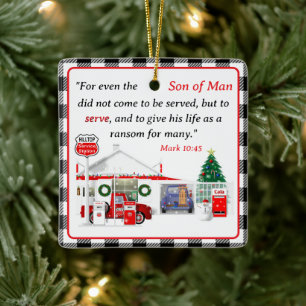 Little Red Truck with Service Station Ceramic Ornament