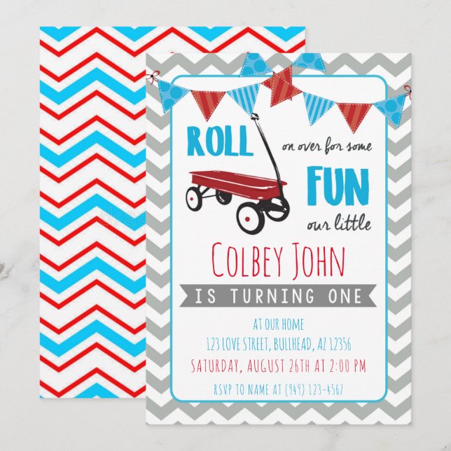 Little Red Wagon Boy's 1st Birthday Grey chevron Invitation (Front/Back)