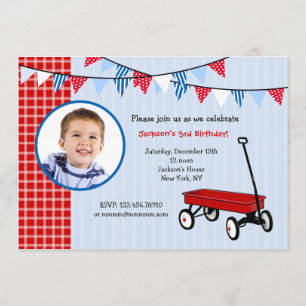Little Red Wagon Photo Birthday Party Invitations