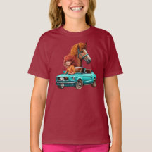 Little Redhead Girl With Mustang Car Pony Horse