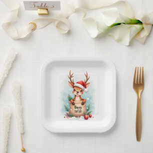 Little reindeer in a Santa hat Happy New Year 2027 Paper Plate