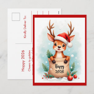 Little reindeer in a Santa hat Holiday Postcard