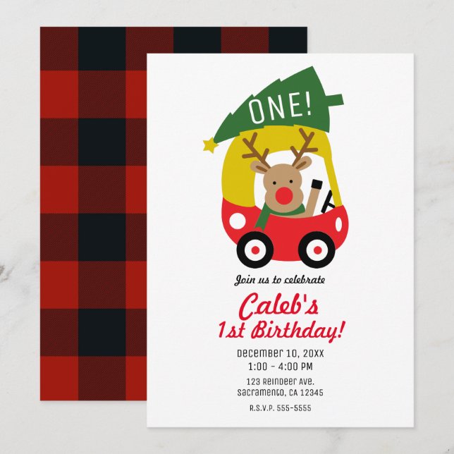 Little Reindeer Red Car Christmas Tree Kids Party Invitation (Front/Back)