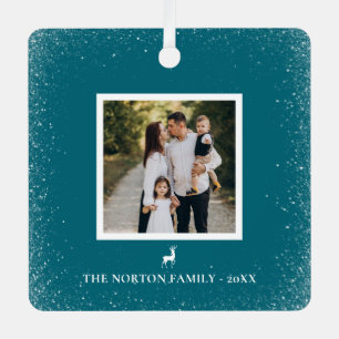 Little Reindeer Simple Snowflakes Custom Photo  Metal Ornament