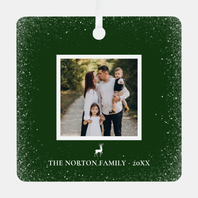 Little Reindeer Simple Snowflakes photo green Metal Ornament (Front)