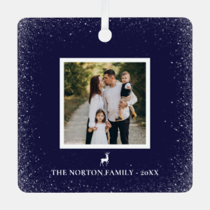 Little Reindeer Simple Snowflakes photo NAVY BLUE Metal Ornament