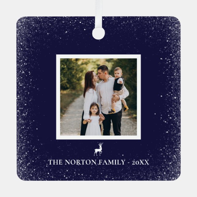 Little Reindeer Simple Snowflakes photo NAVY BLUE Metal Ornament (Front)