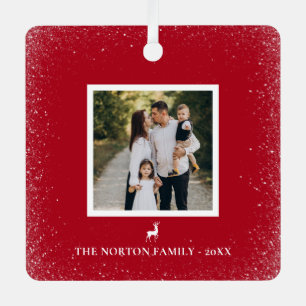 Little Reindeer Simple Snowflakes photo RED Metal Ornament