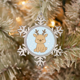 Little Reindeer Snowflake Pewter Christmas Ornament