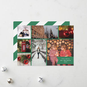 Little Ribbon Multi Photo Christmas Green Stripe Holiday Card