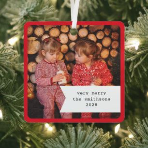 Little Ribbon Red Plaid Christmas Photo Metal Ornament