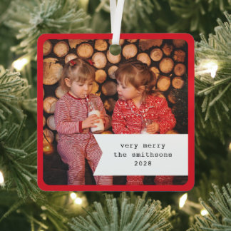 Little Ribbon Red Plaid Christmas Photo Metal Ornament