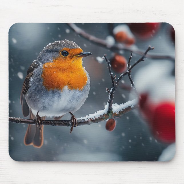 Little robin bird sitting on a branch at winter mouse pad (Front)
