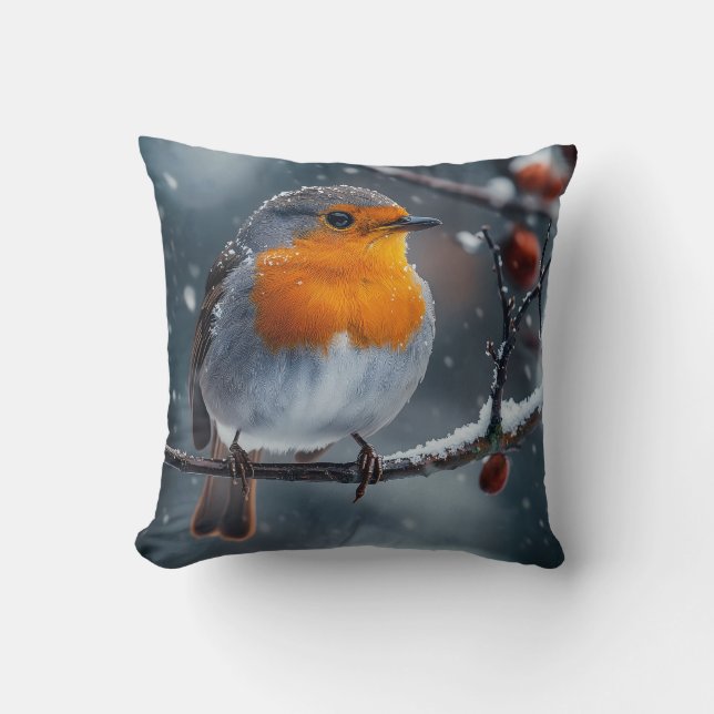 Little robin bird sitting on a branch at winter throw pillow (Front)