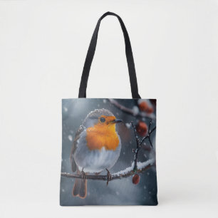 Little robin bird sitting on a branch at winter tote bag