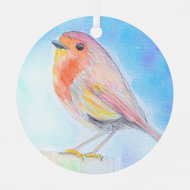 Little Robin Watercolour Painting Metal Ornament (Front)