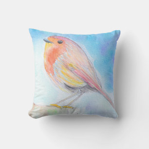 Little Robin Watercolour Painting Throw Pillow