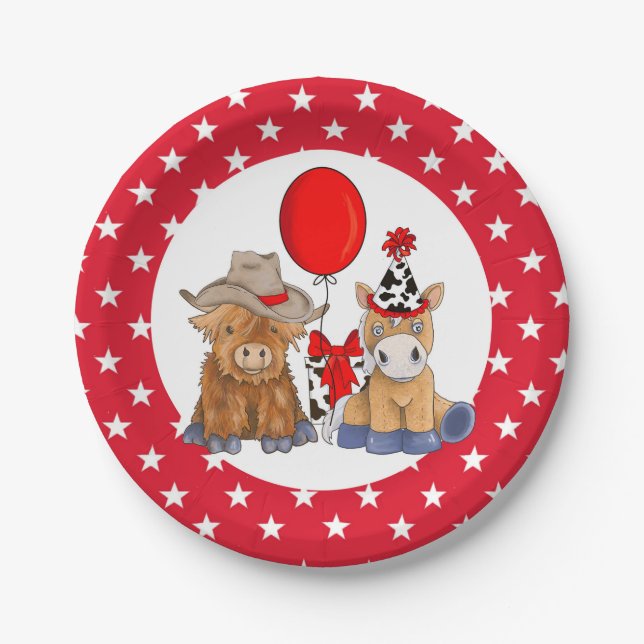 Little Rodeo Birthday Party Plates -  Red Stars (Front)