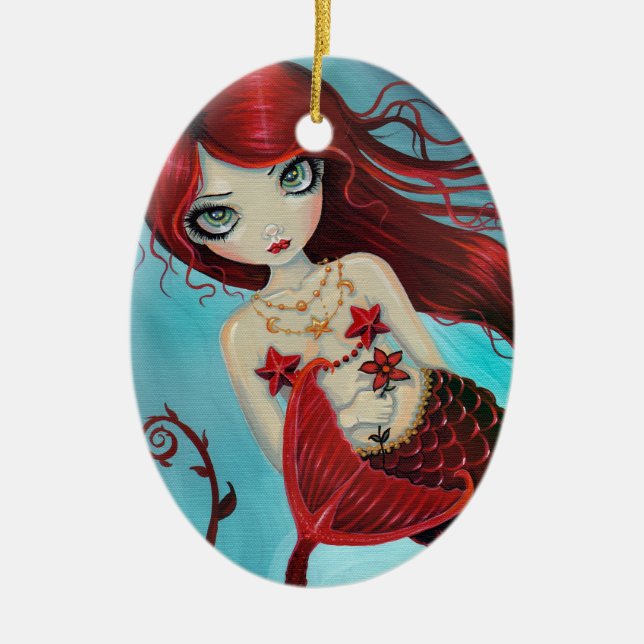 Little Ruby Red Mermaid Fantasy Art Ceramic Ornament (Front)