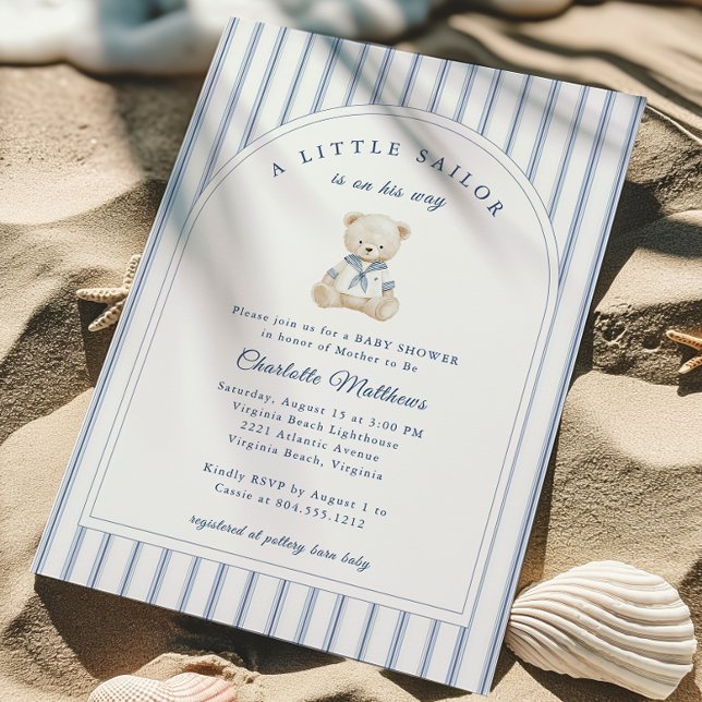 Little Sailor Baby Shower Invitation  (Little Sailor Bear Boy Baby Shower Invitation)
