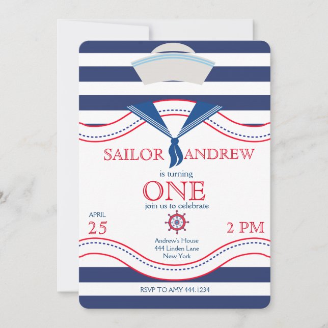 Little Sailor First Birthday Invitations (Front)