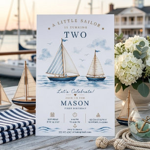 Little Sailor Is Turning Two Nautical Sailboat  Invitation
