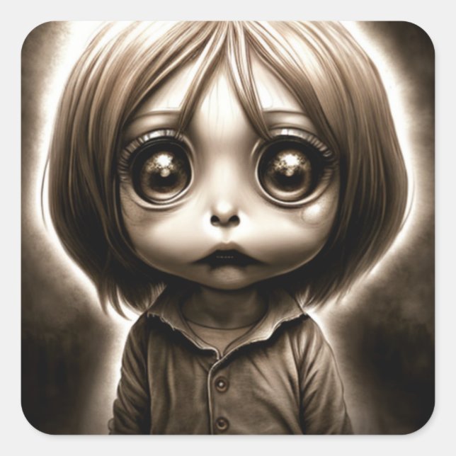 Little Scary Kid with Big Eyes Chibi Square Sticker (Front)