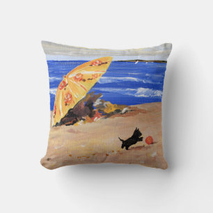 Little Scottie Playing at the Beach Throw Pillow