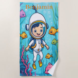 Little Scuba Diver with Sea life in Ocean Beach Towel