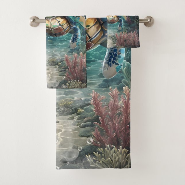 Little sea turtle exploring with her friend. bath towel set (Insitu)
