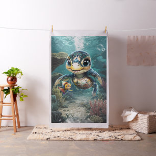 Little sea turtle exploring with her friend. fabric