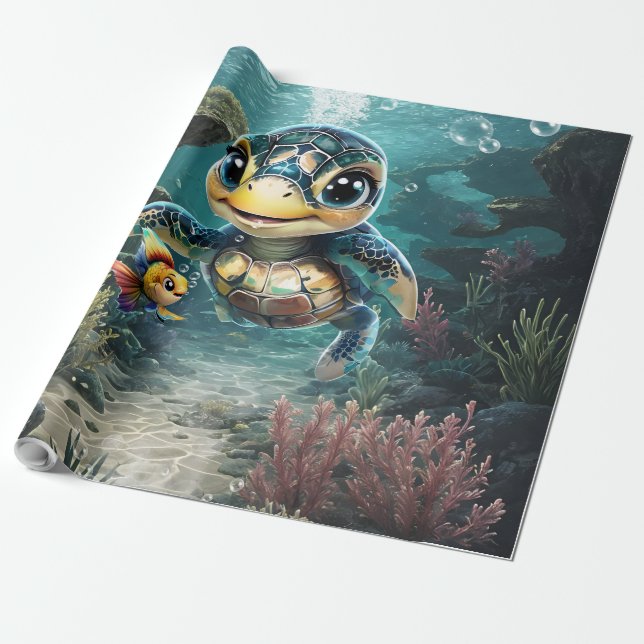 Little sea turtle exploring with her friend. wrapping paper (Unrolled)