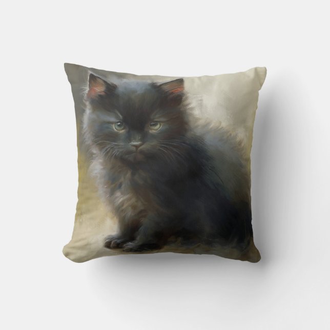 Little Shadow Black Kitten Throw Pillow (Front)