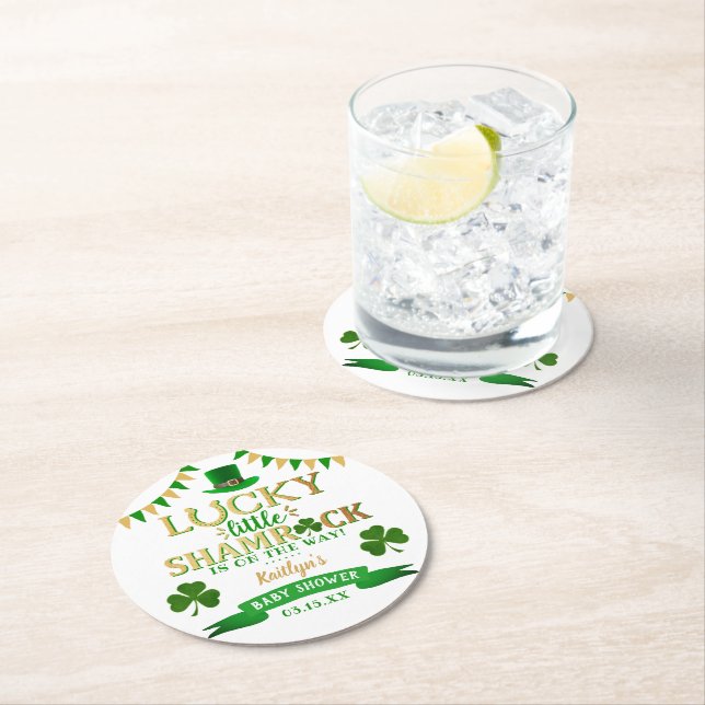 Little Shamrock St. Patrick's Day Baby Shower Round Paper Coaster (Insitu)