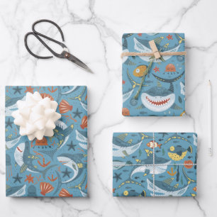 Little Shark First Second Birthday Boys Favor Gift Wrapping Paper Sheet