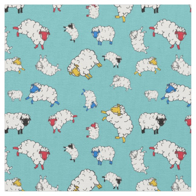 Little sheep, cute sheep different colours - blue fabric (Close Up)