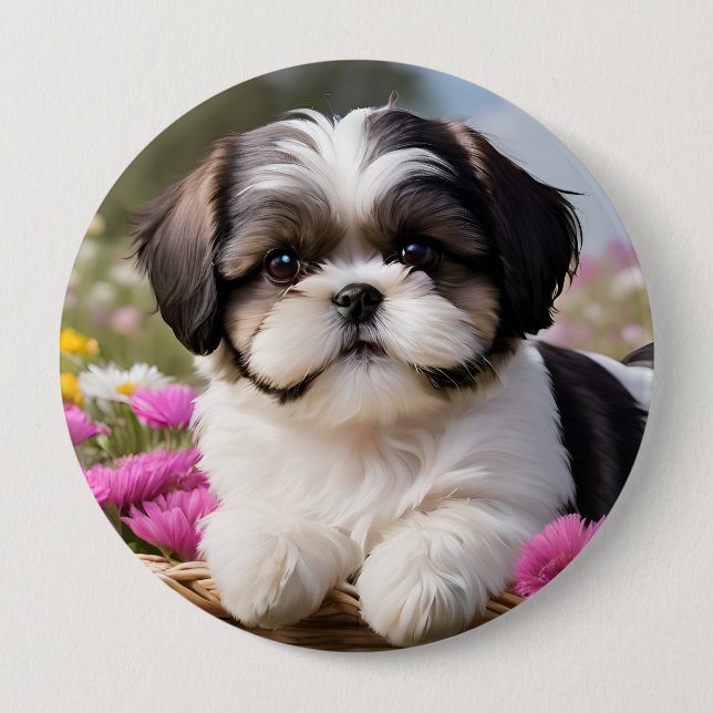 Little Shih Tzu Puppy Basket Flowers 4 Inch Round Button (Front)