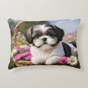 Little Shih Tzu Puppy Basket Flowers Accent Pillow