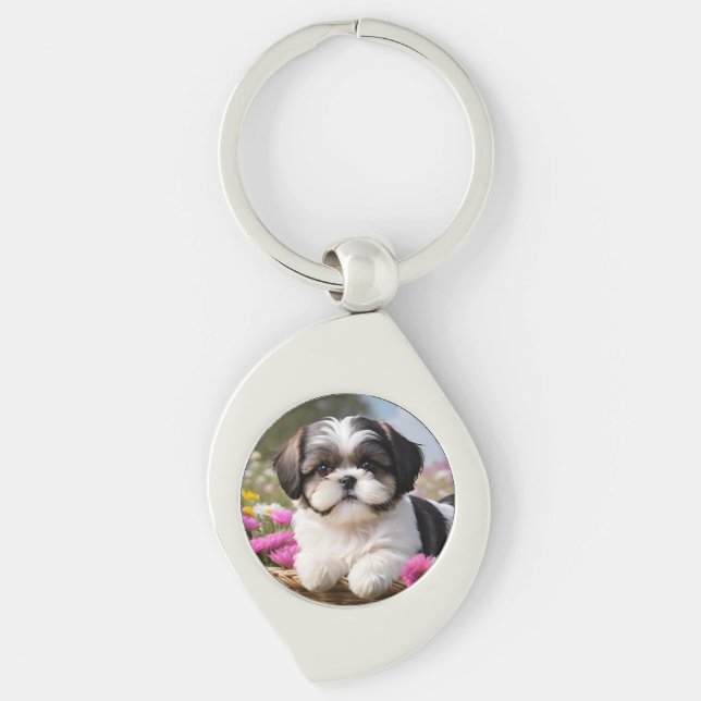 Little Shih Tzu Puppy Basket Flowers Keychain (Front)