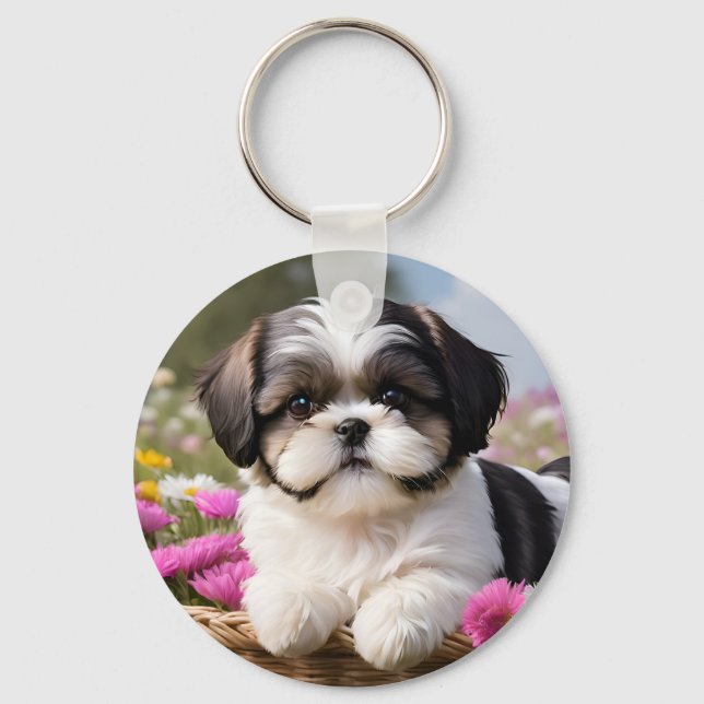 Little Shih Tzu Puppy Basket Flowers Keychain (Front)