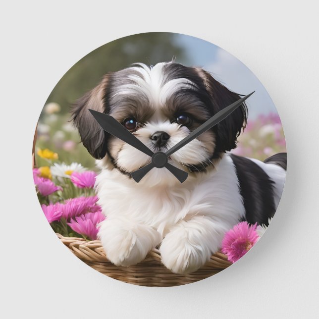 Little Shih Tzu Puppy Basket Flowers Round Clock (Front)