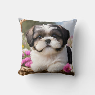 Little Shih Tzu Puppy Basket Flowers Throw Pillow