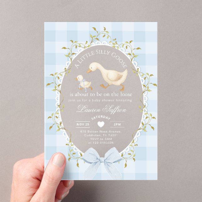 Little Silly Goose Baby Shower Blue Gingham Acrylic Invitations (Insitu (Handheld))