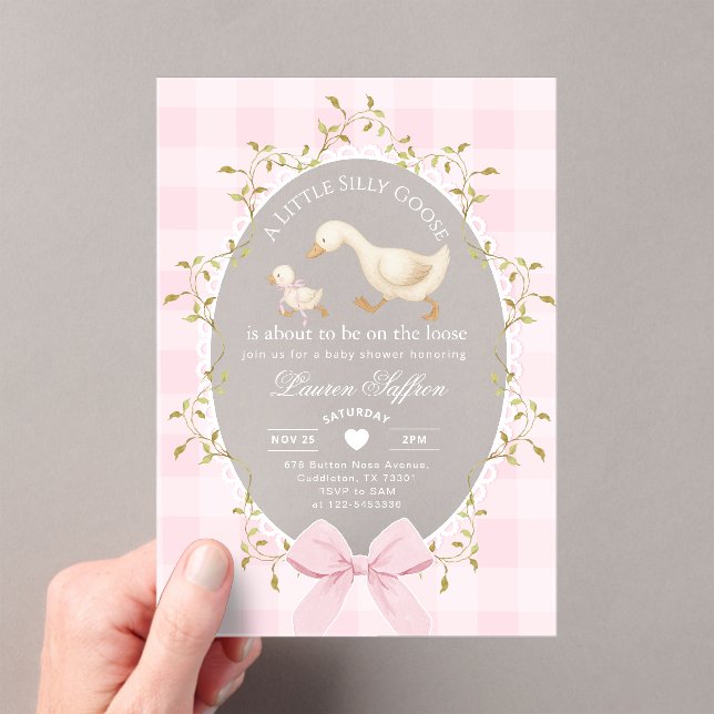 Little Silly Goose Baby Shower Pink Gingham Acrylic Invitations (Insitu (Handheld))