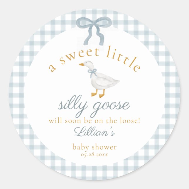 Little Silly Goose Bow Baby Shower Blue Gingham  Classic Round Sticker (Front)