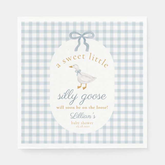 Little Silly Goose Bow Baby Shower Blue Gingham  Napkin (Front)